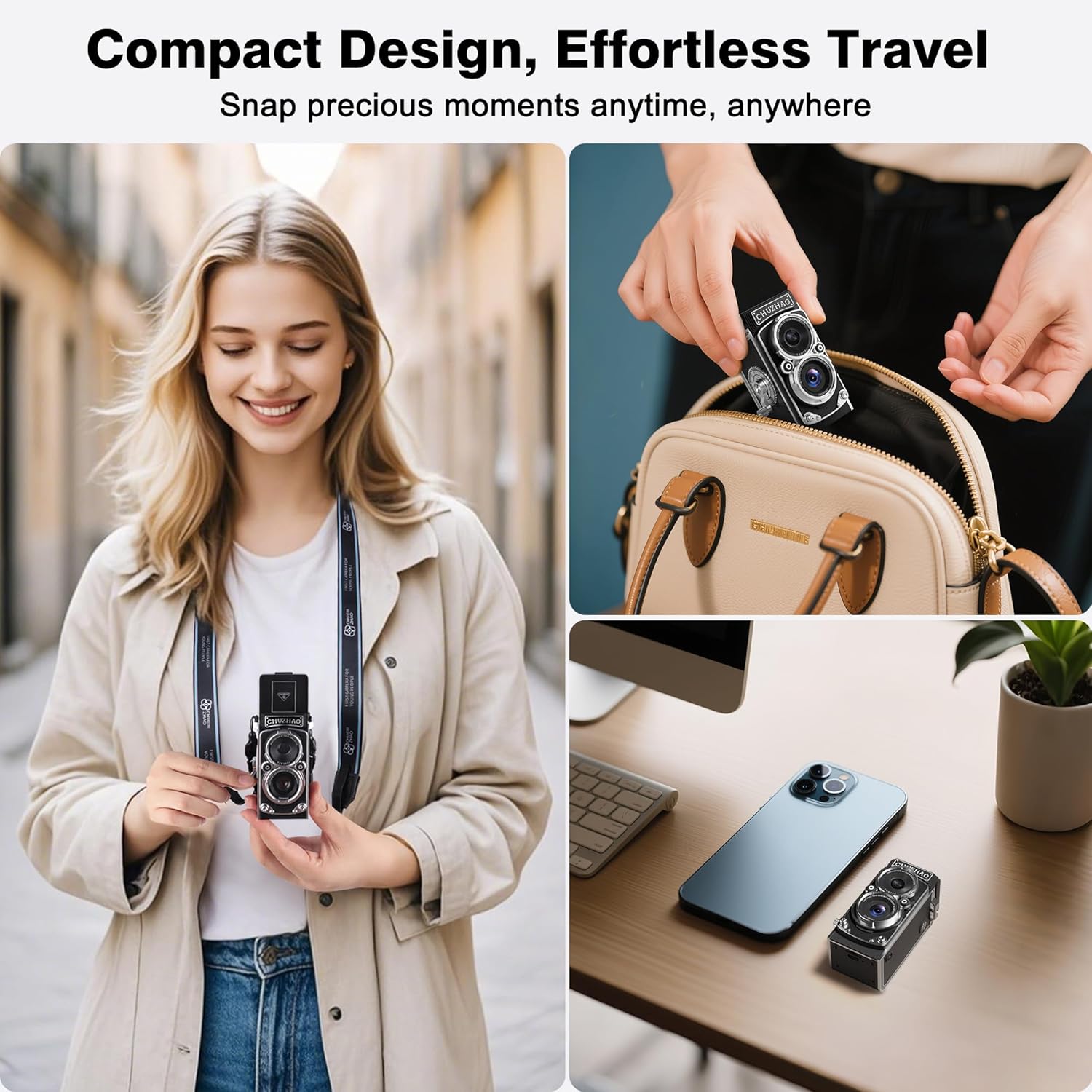 CHUZHAO Mini appareil photo numérique vintage, portable, style TLR rétro, compact, petite poche, vidéo FHD 1080p, 12 MP, mise au point automatique, caméra Vlogging avec carte 16 Go pour débutants, adolescents, adultes, noir – Image 5