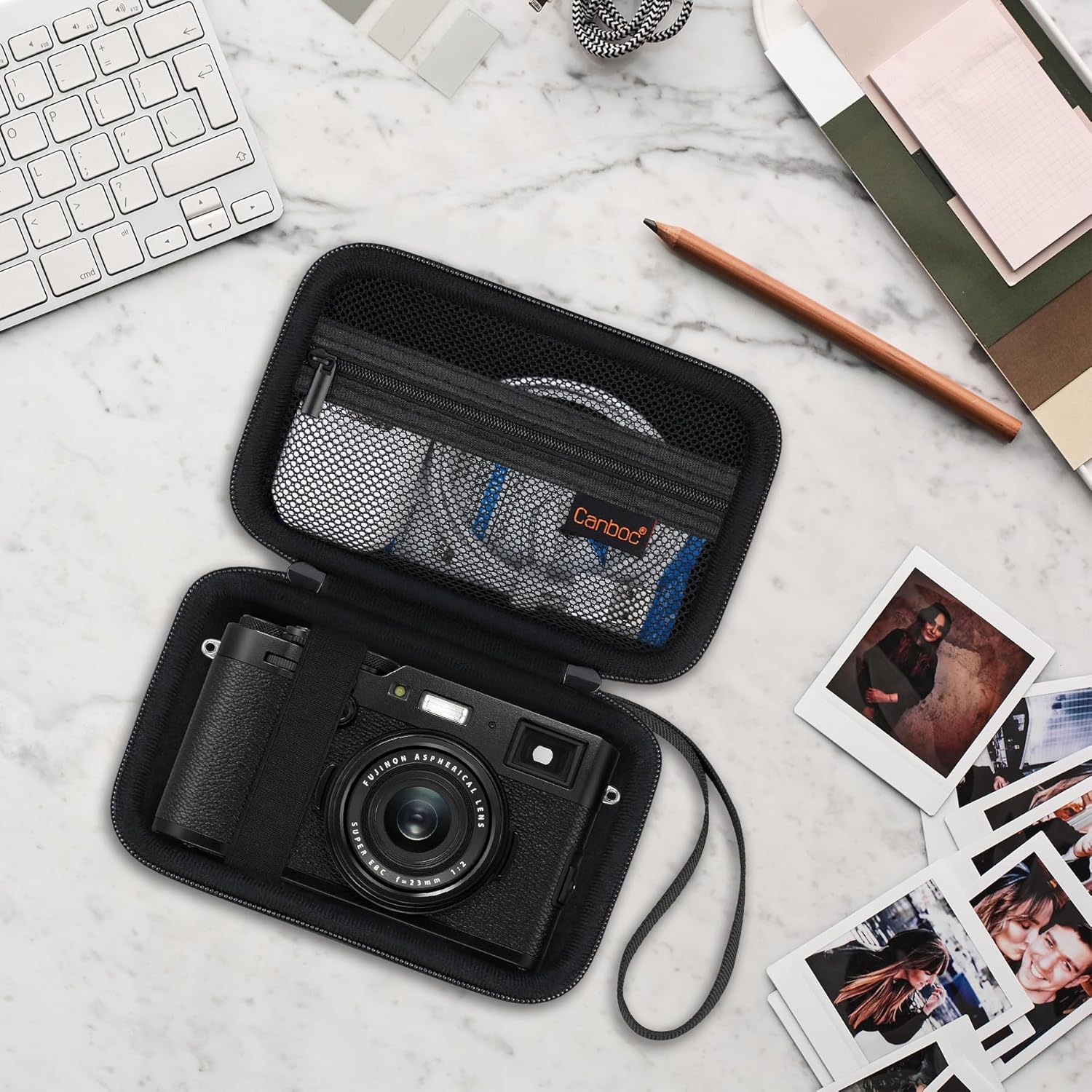 Canboc Étui de transport pour appareil photo numérique Fujifilm X100VI/X100V/X100F/X100S/X-E5, poche en maille zippée pour câble USB, noir (étui uniquement) – Image 7