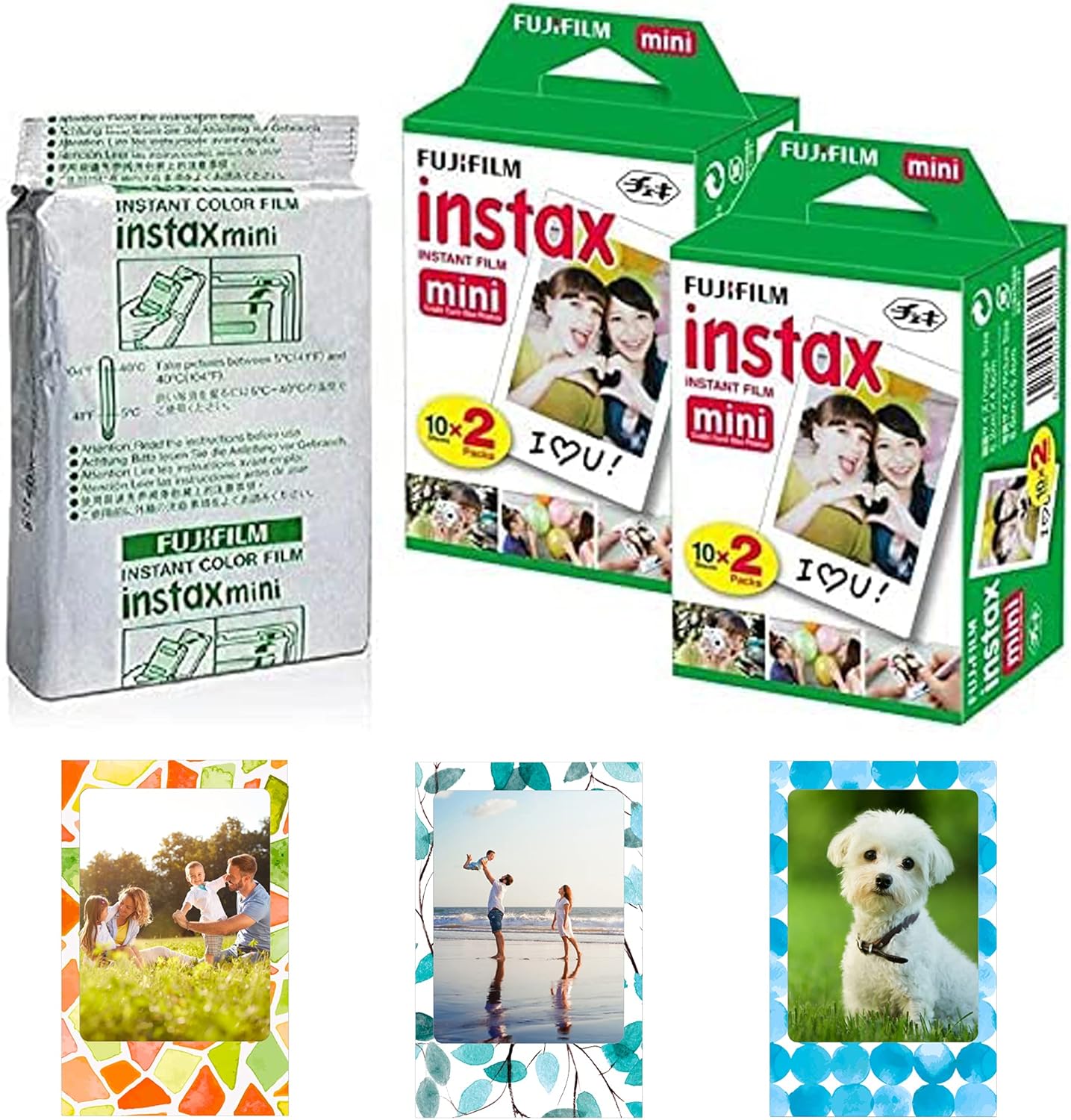 Fujifilm Instax Mini Film instantané, 10 feuilles × 5 paquets (total 50 prises de vue) livrés avec des cadres photo magnétiques Tudak (emballage en vrac)