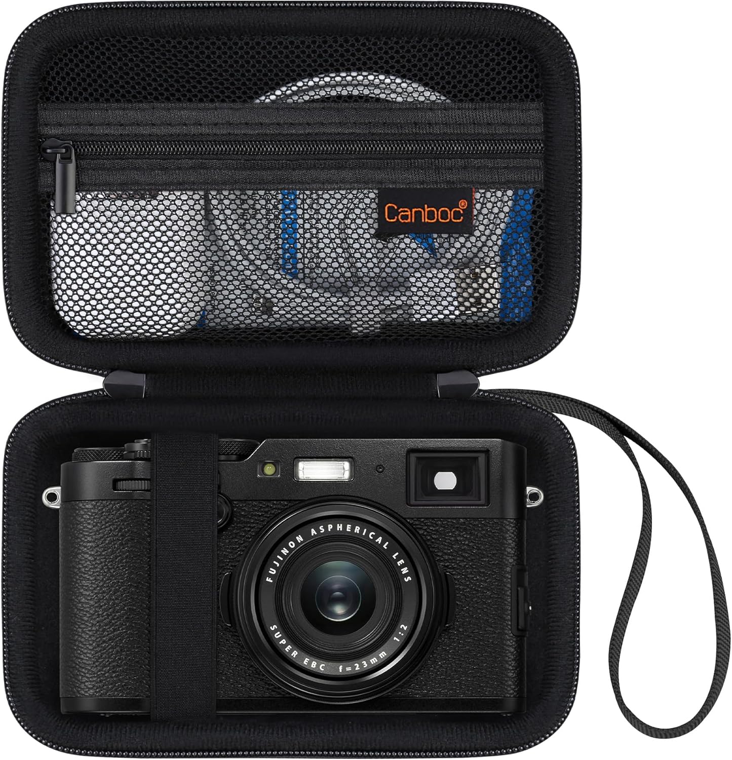 Canboc Étui de transport pour appareil photo numérique Fujifilm X100VI/X100V/X100F/X100S/X-E5, poche en maille zippée pour câble USB, noir (étui uniquement)