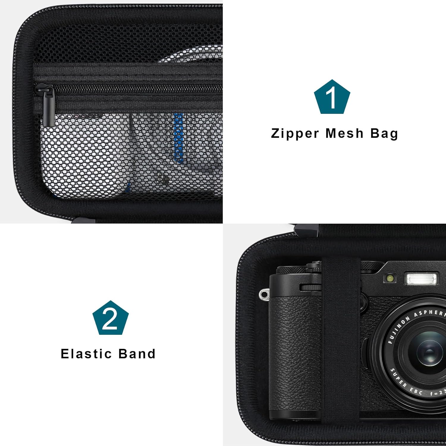 Canboc Étui de transport pour appareil photo numérique Fujifilm X100VI/X100V/X100F/X100S/X-E5, poche en maille zippée pour câble USB, noir (étui uniquement) – Image 6